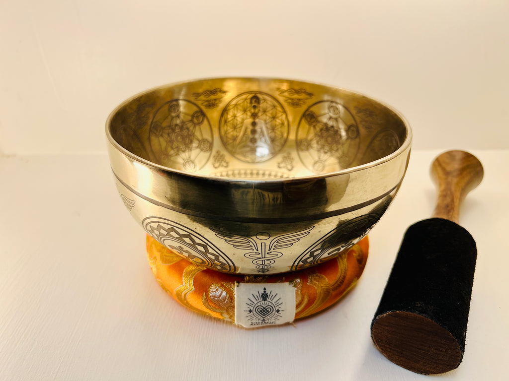 17cm Engraved Tibetan Singing Bowl, Root Chakra, Caduceus, & Sacred Om, C4