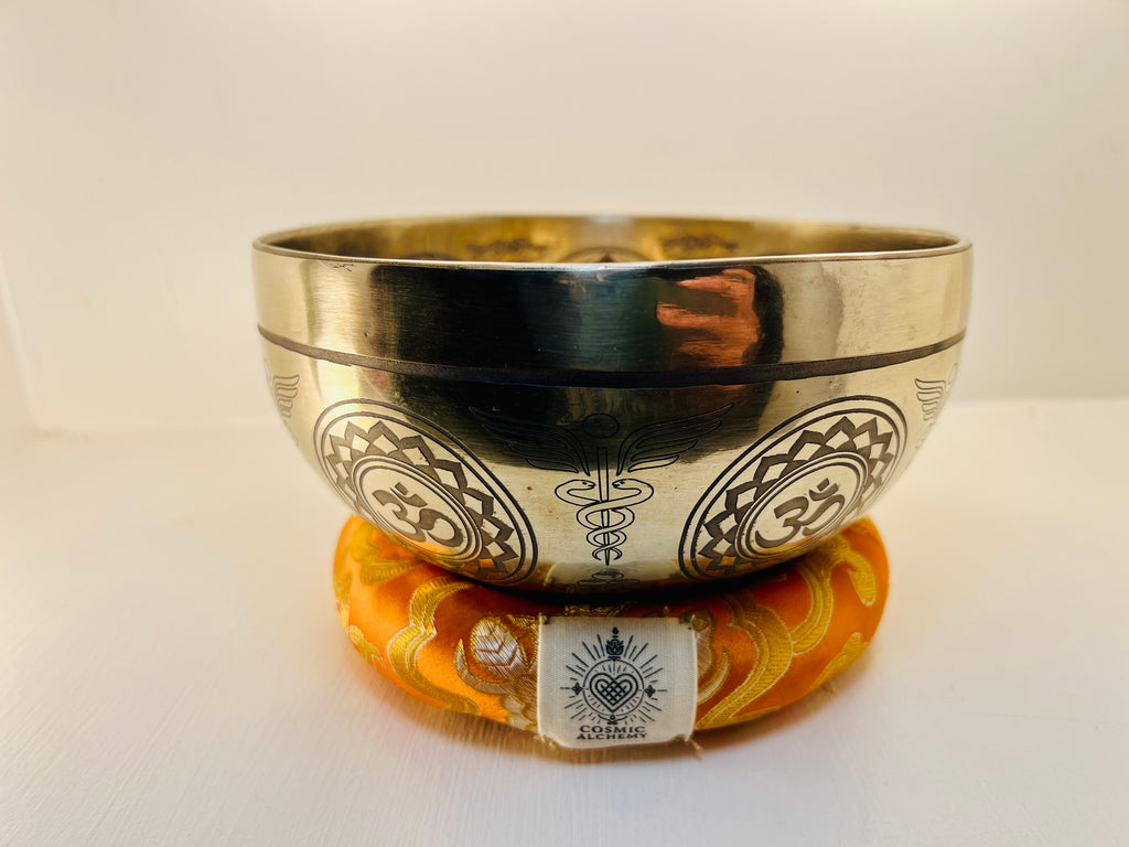 17cm Engraved Tibetan Singing Bowl, Root Chakra, Caduceus, & Sacred Om, C4