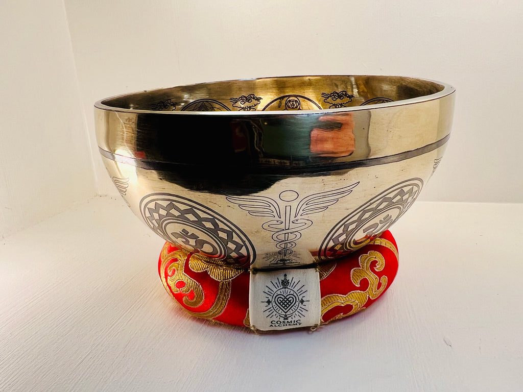 17cm Engraved Tibetan Singing Bowl, Root Chakra, Caduceus, & Sacred Om, C4