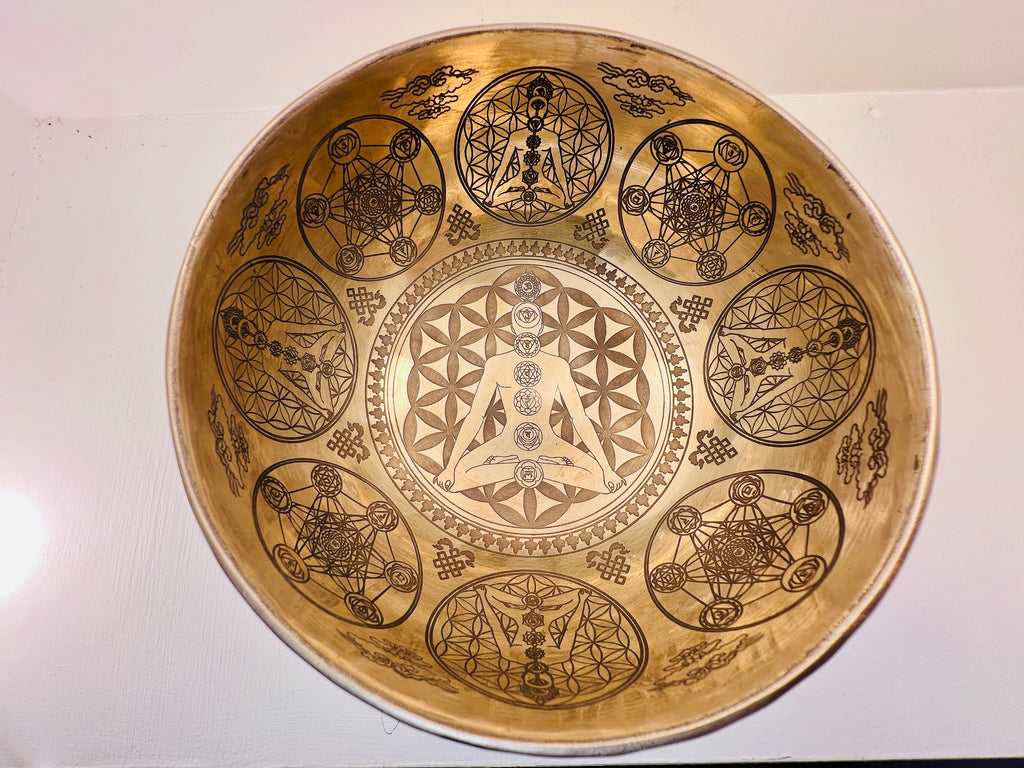 17cm Engraved Tibetan Singing Bowl, Root Chakra, Caduceus, & Sacred Om, C4