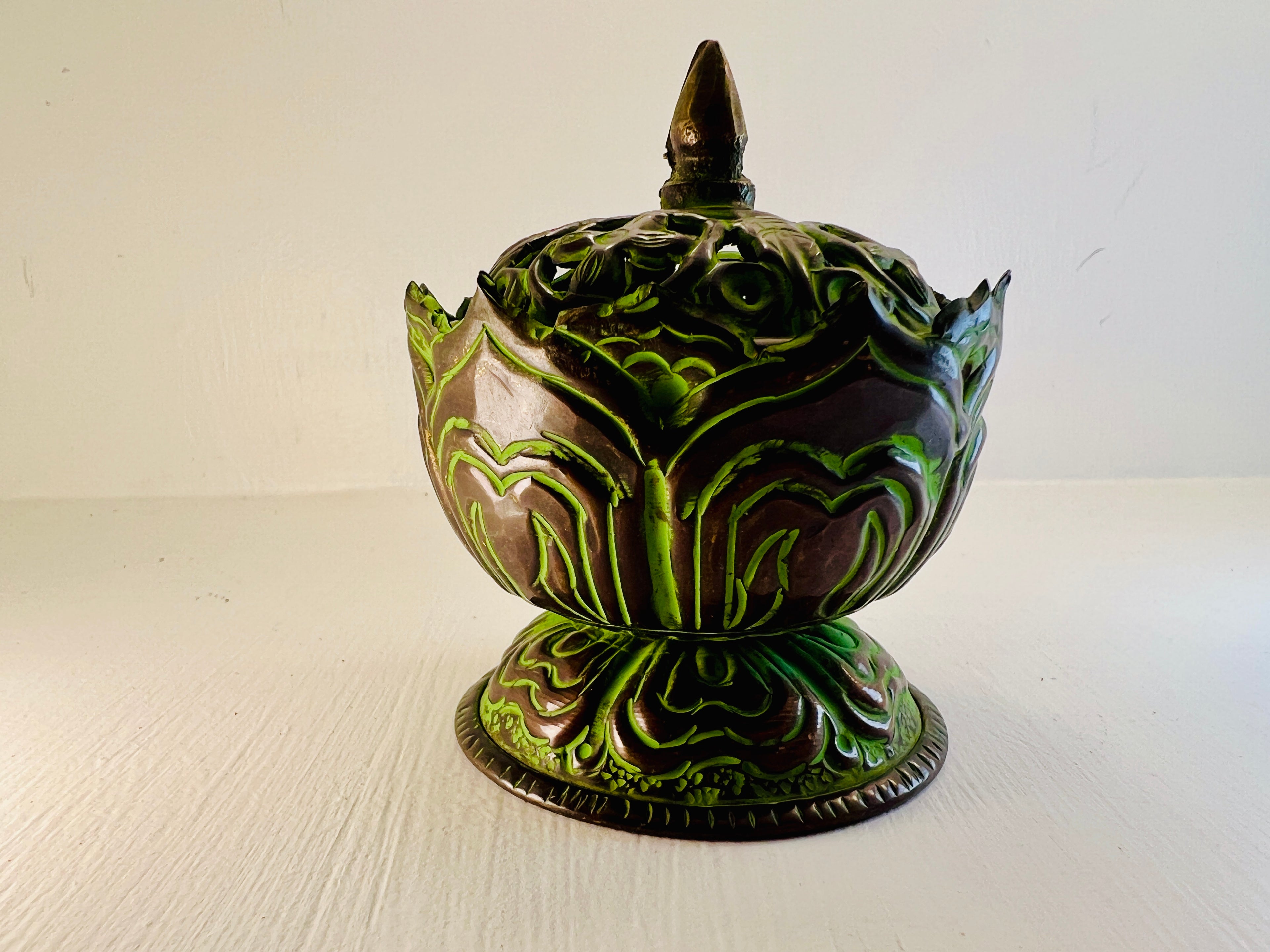 Brass Verdigris Tibetan Incense Burner – Small Lotus Design