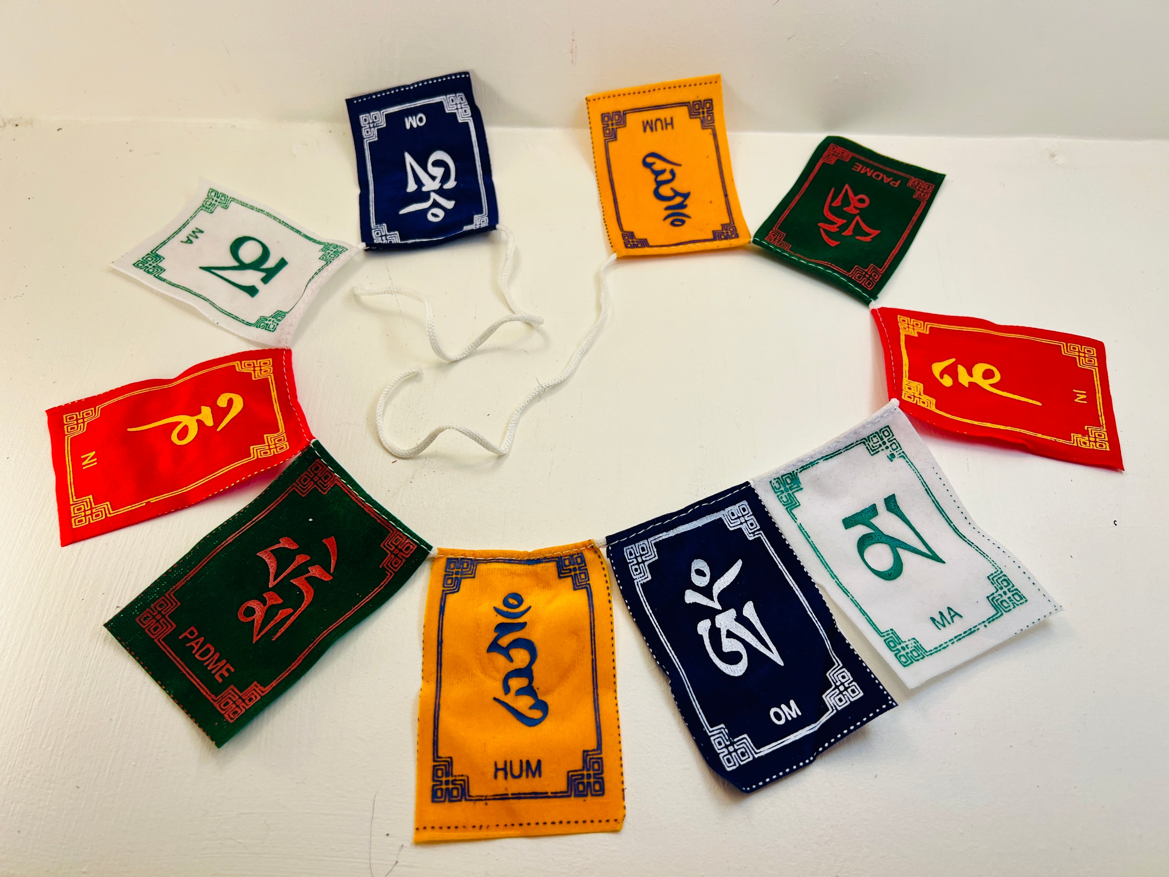 OM Tibetan Mantra Velvet Prayer Flags – Small x 10 Flags (Om Mani Padme Hum Design)